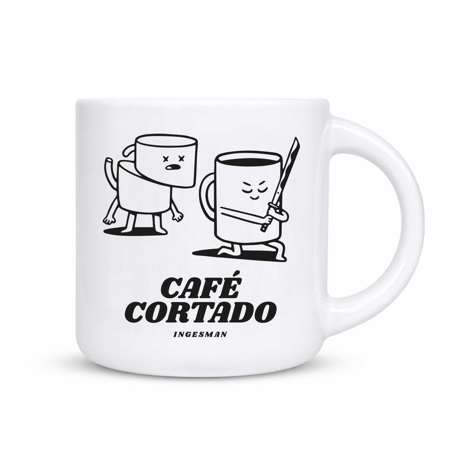 Tazón Café Cortado de Ingesman, 380 ml, ilustración de una taza de café con katana enfrentando a un vaso asustado