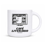 Tazón Café Literario de Ingesman, 380 ml, ilustración de una taza de café leyendo frente a un estante de libros
