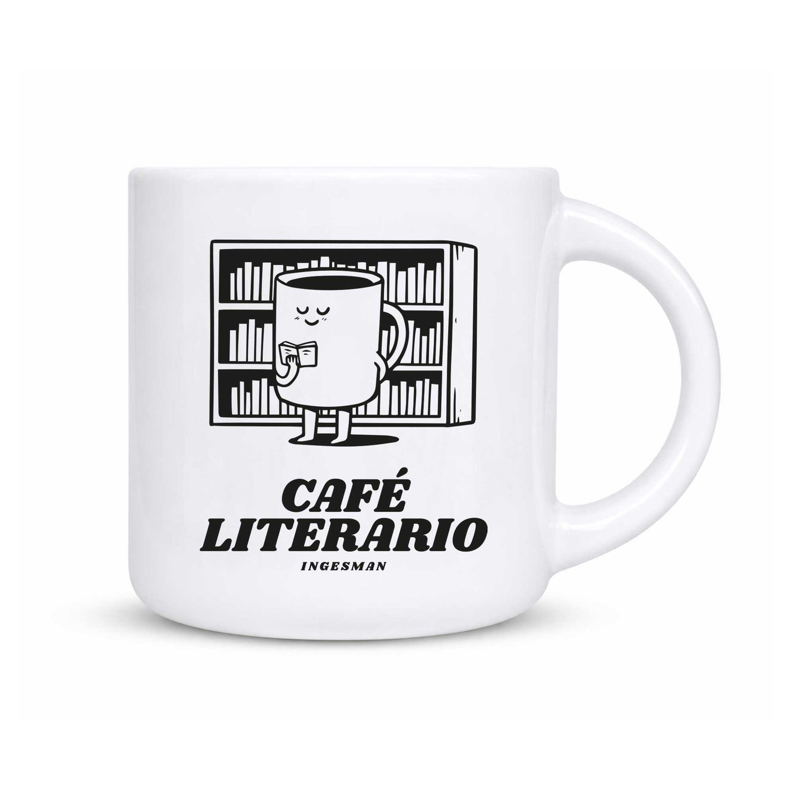 Tazón Café Literario de Ingesman, 380 ml, ilustración de una taza de café leyendo frente a un estante de libros