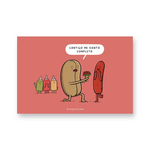 Postal Ingesman Contigo Me Siento Completo, ilustración romántica de hot dog completo