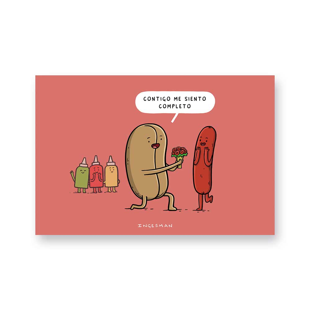 Postal Ingesman Contigo Me Siento Completo, ilustración romántica de hot dog completo