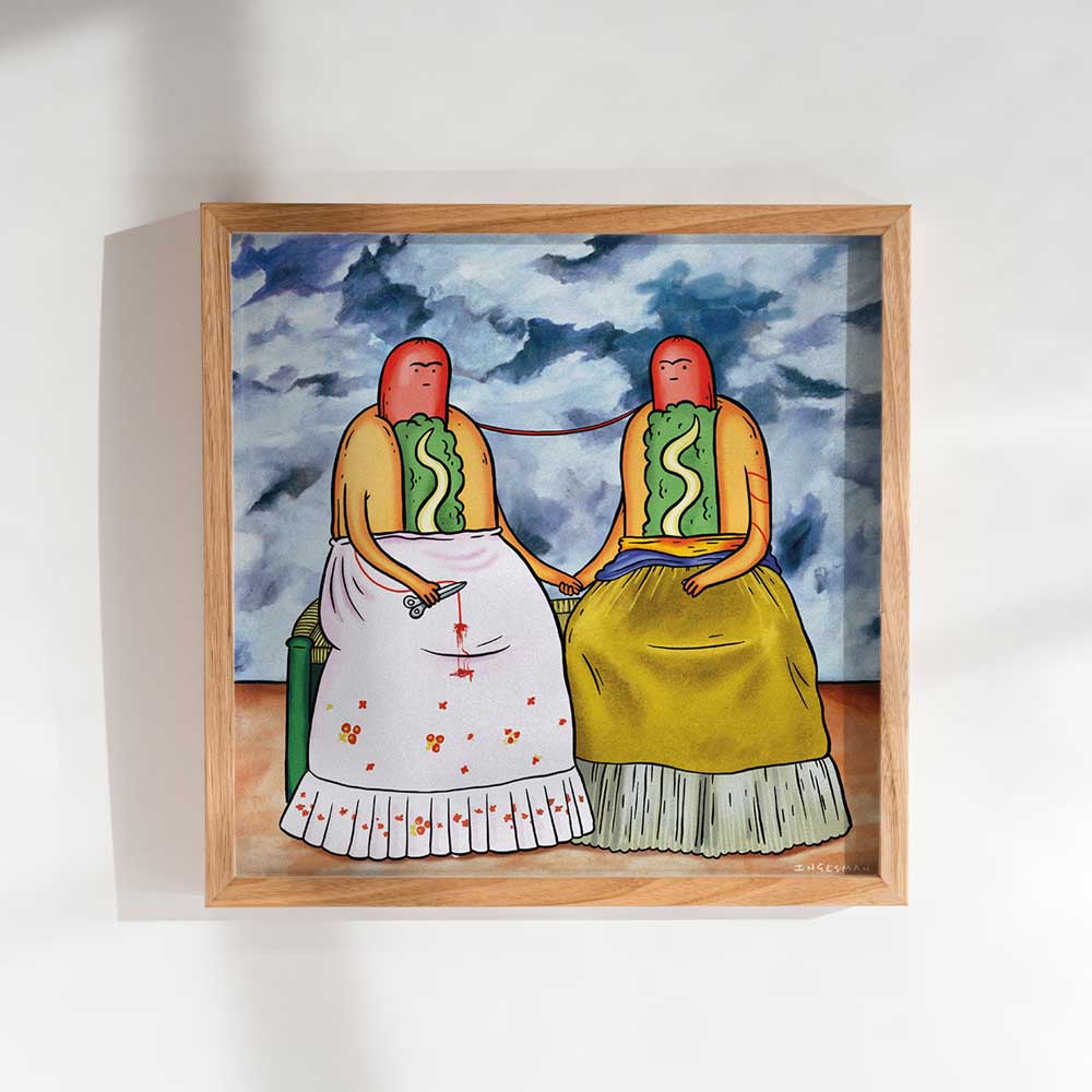 Lámina Arte Más Completo inspirada en Las Dos Fridas, enmarcada y colgada en la pared, 20x20 cm
