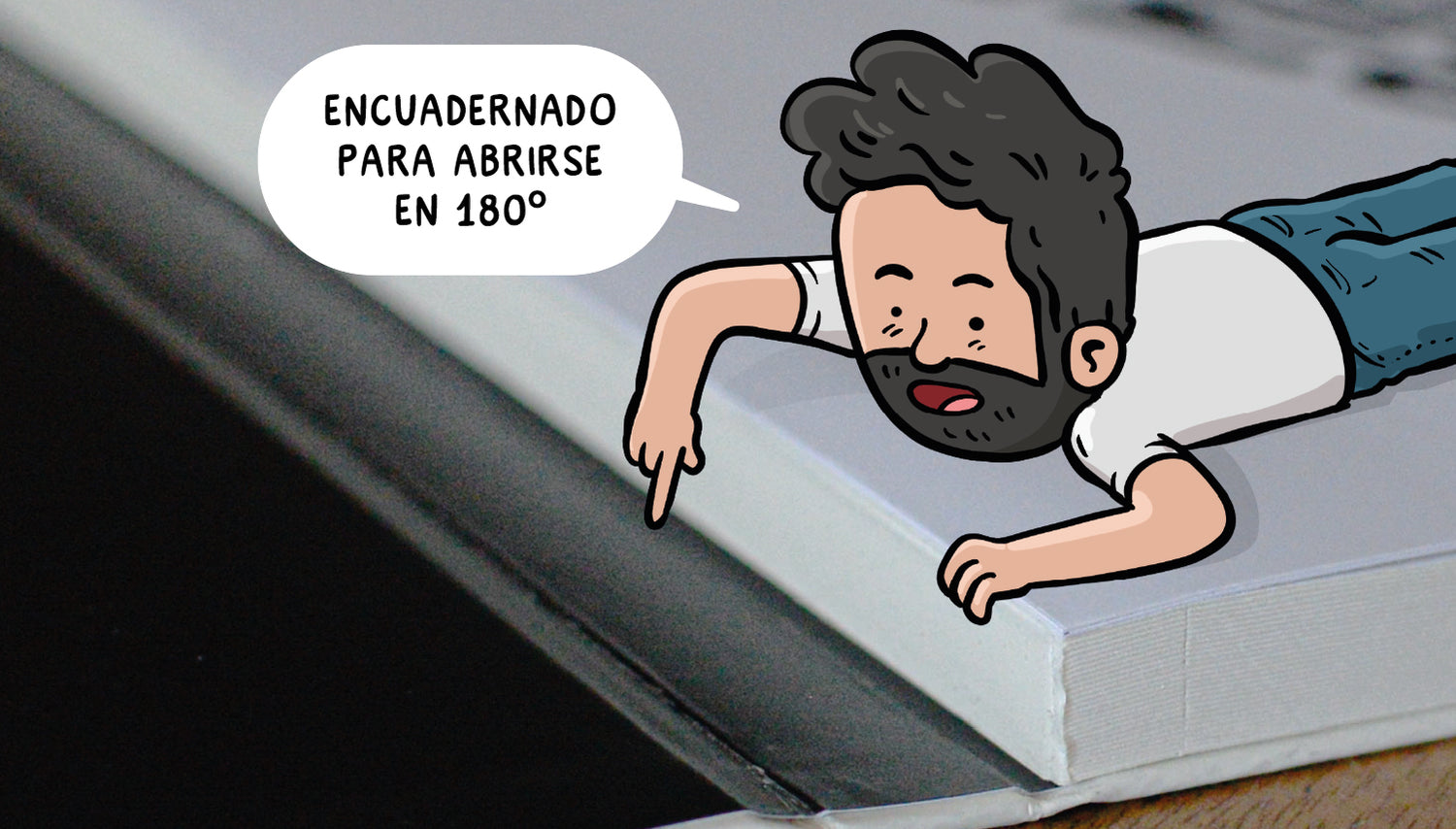Ilustración de Ingesman mostrando la encuadernación de apertura 180° del libro para colorear, con texto: Encuadernado para abrirse en 180°