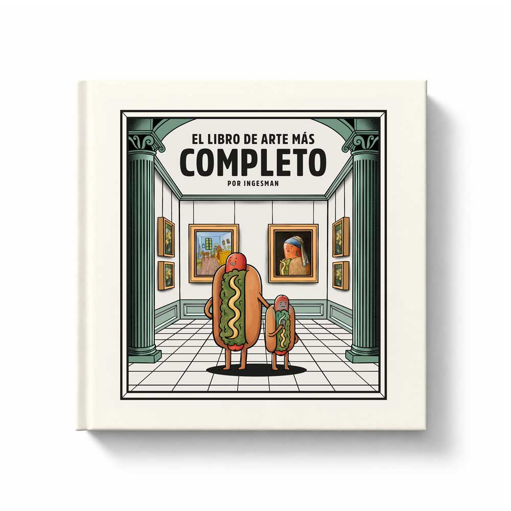 Portada del libro para colorear El Libro de Arte Más Completo, ilustración de dos hot dogs visitando un museo de arte