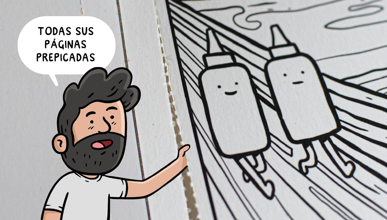 Ilustración de Ingesman mostrando las páginas prepicadas del libro para colorear, con texto: Todas sus páginas prepicadas