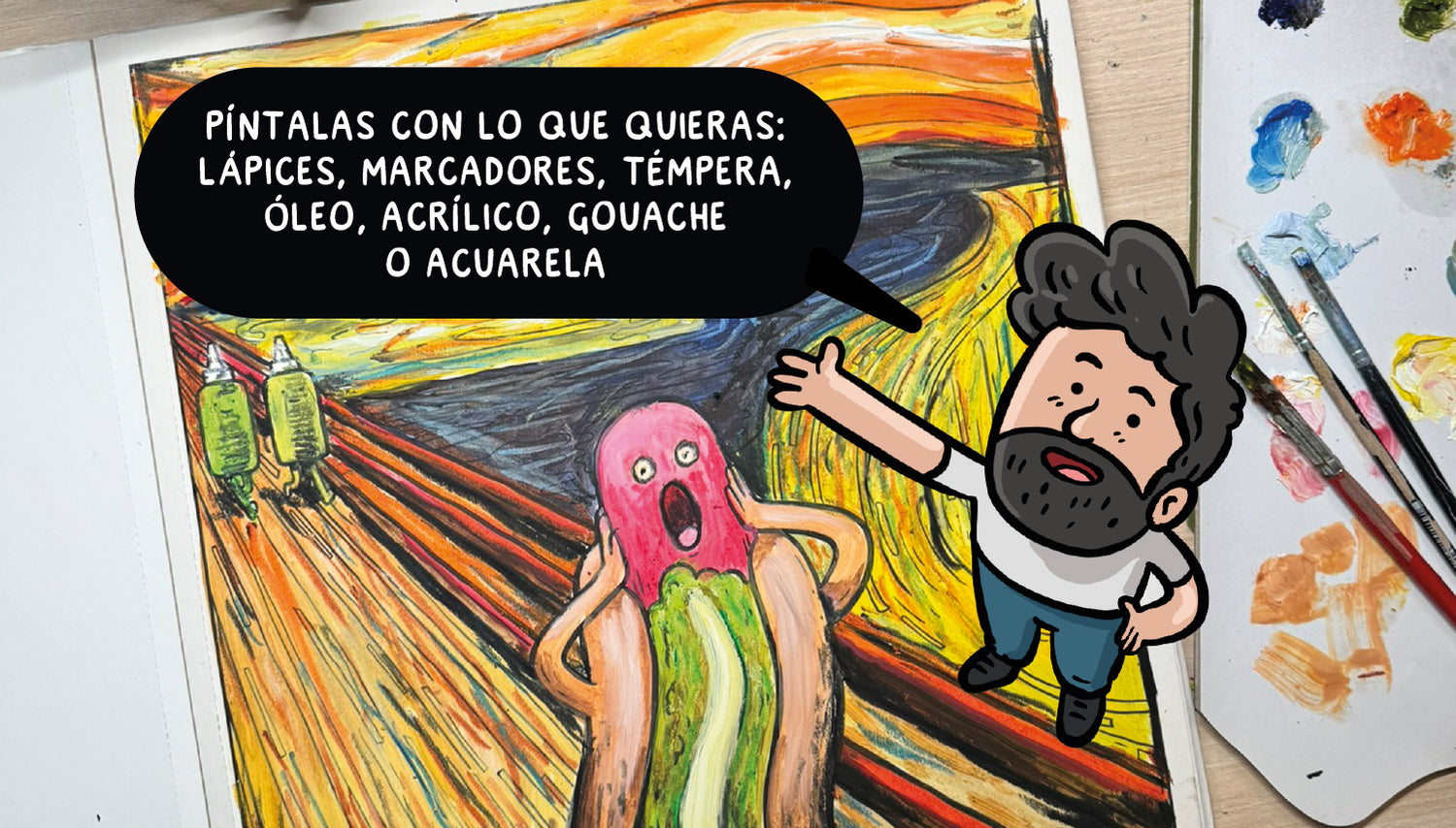 Ilustración de Ingesman parodiando El Grito de Munch, mostrando que el Libro de Arte Más Completo se puede pintar con lápices, marcadores, témpera, óleo, acrílico, gouache o acuarela