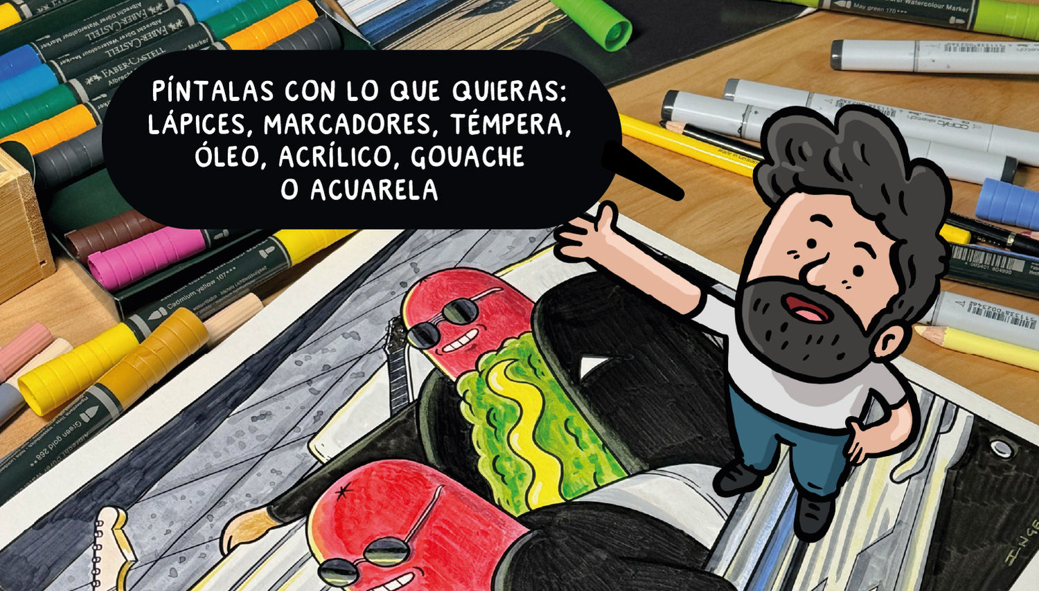 Ilustración de Ingesman mostrando que el Libro de Música Más Completo se puede pintar con lápices, marcadores, témpera, óleo, acrílico, gouache o acuarela