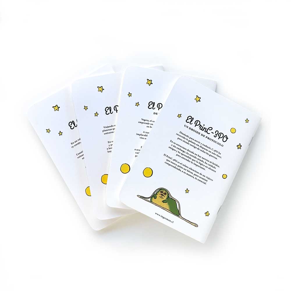 Pack de 4 Libretas El Principito de Ingesman, contraportadas en abanico mostrando las sinopsis