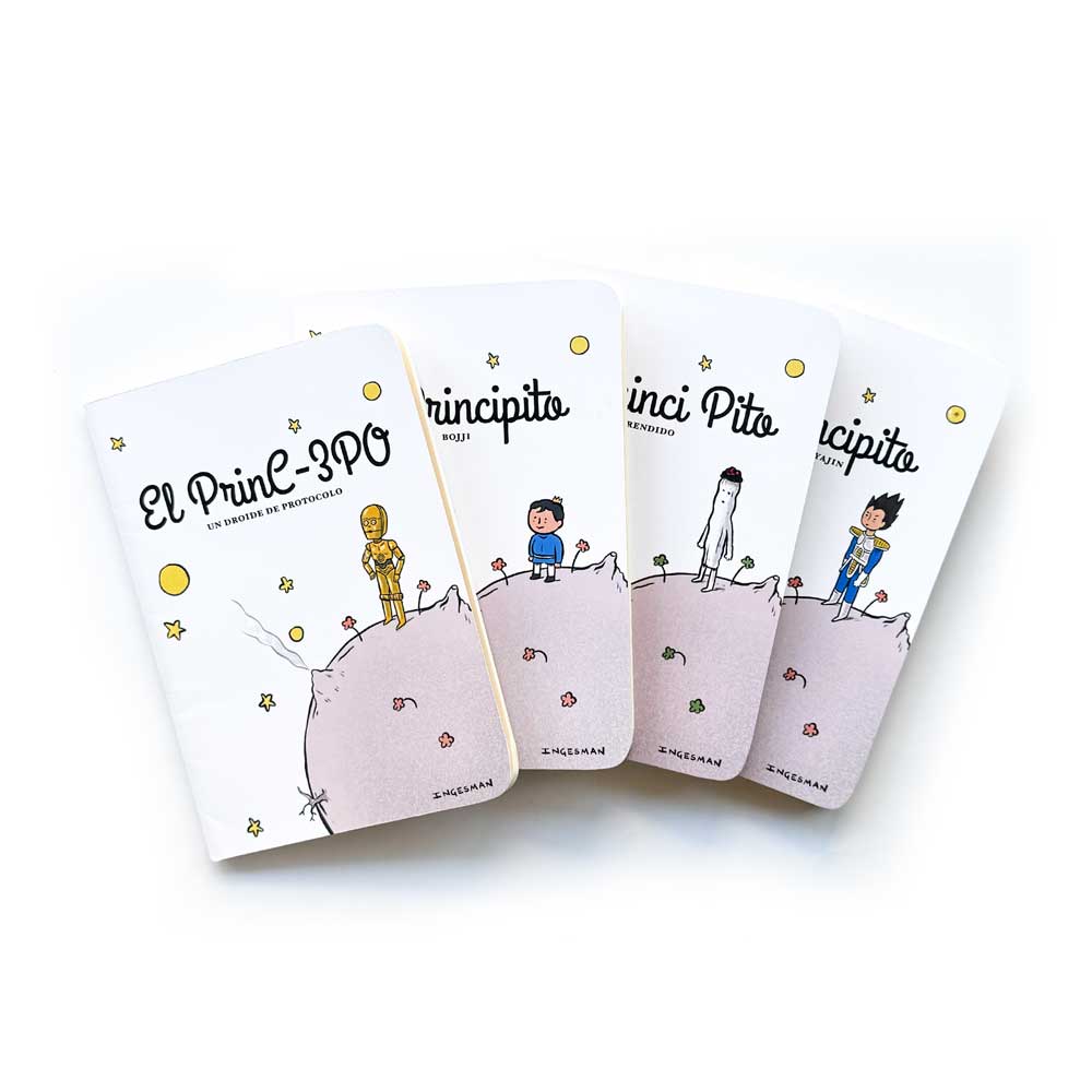 Pack de 4 Libretas El Principito de Ingesman: PrinC-3PO, Principito Boji, Princi Pito y Principito Vegeta, portadas en abanico