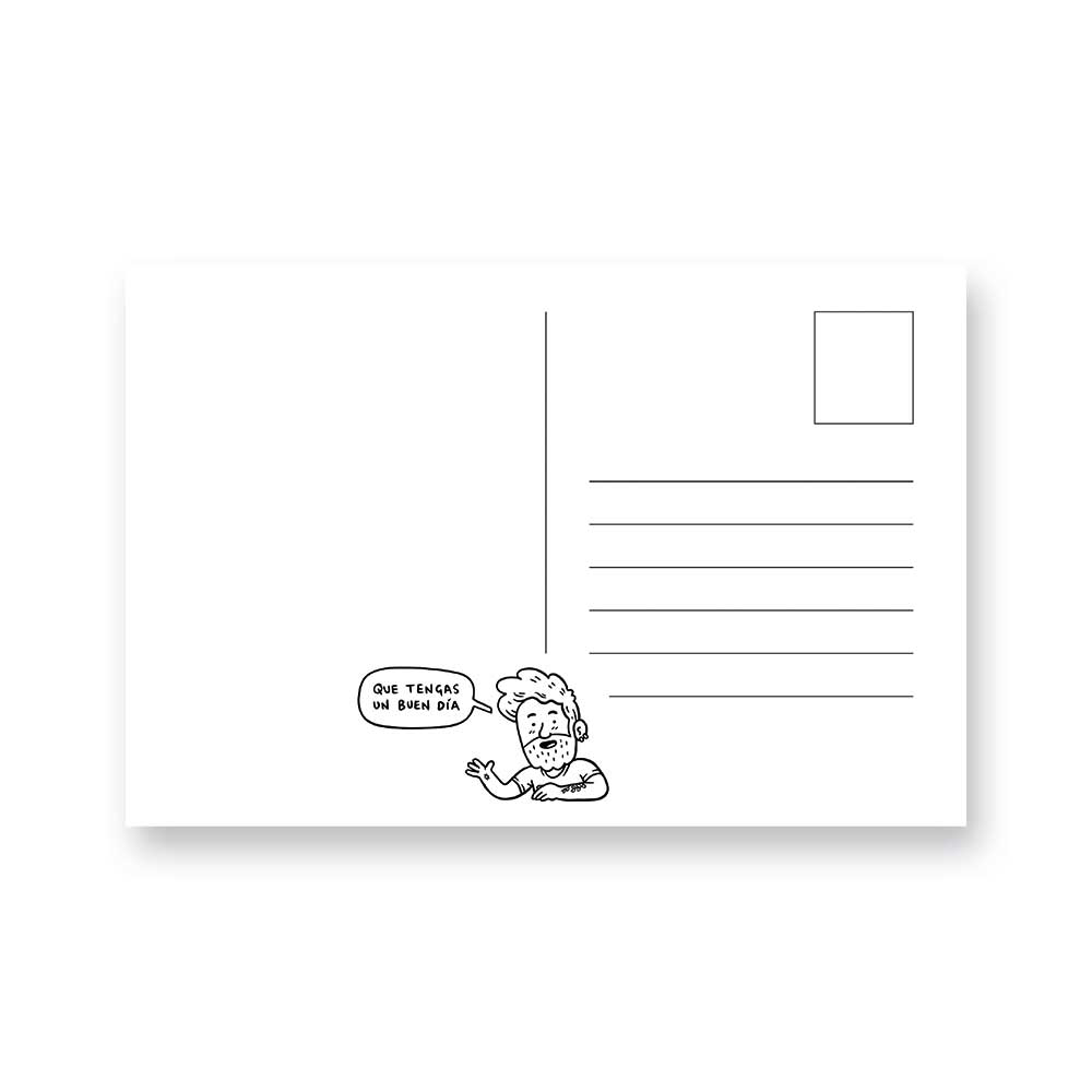 Reverso en blanco de la postal Ingesman, plantilla para escribir con ilustración de personaje despidiéndose y frase 'Que tengas un buen día'