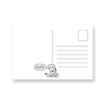 Reverso en blanco de la postal Ingesman, plantilla para escribir con ilustración de personaje despidiéndose y frase 'Que tengas un buen día'