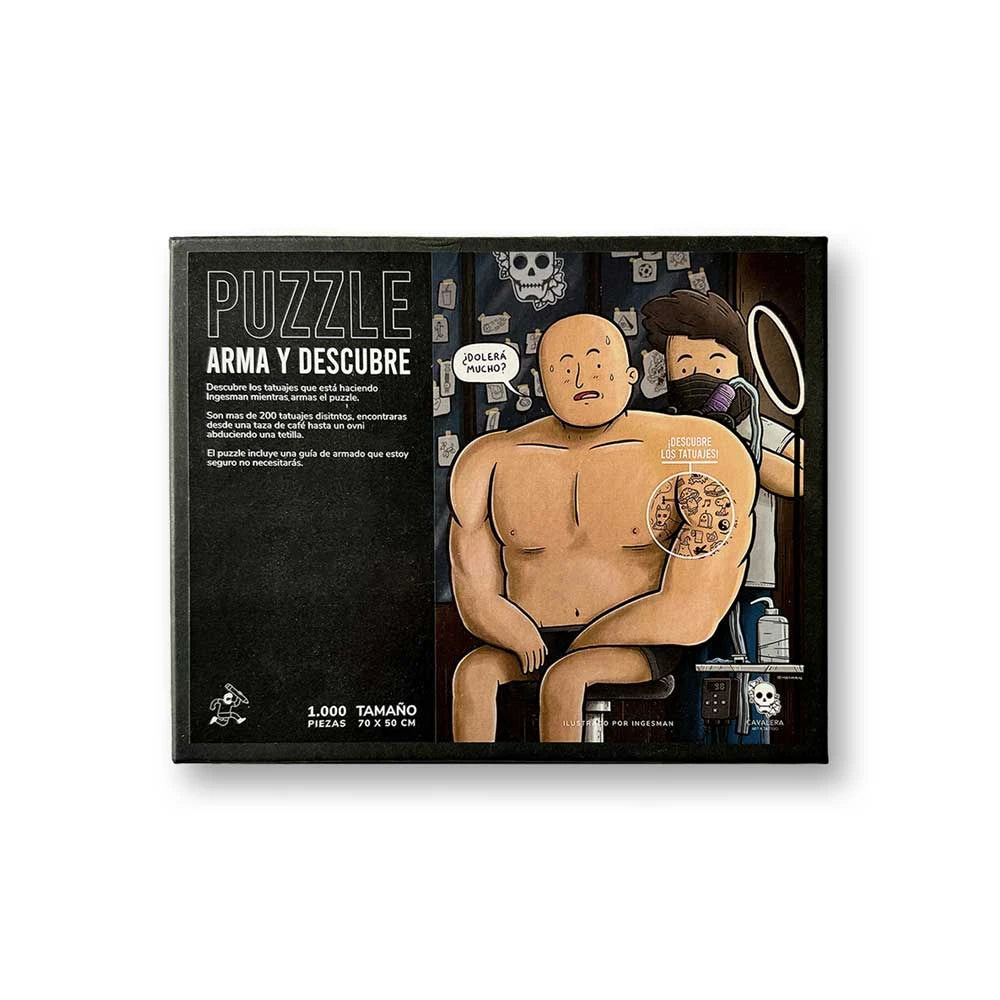 Caja del Puzzle Arma y Descubre de tatuajes, 1000 piezas, ilustración de Ingesman de un hombre tatuándose