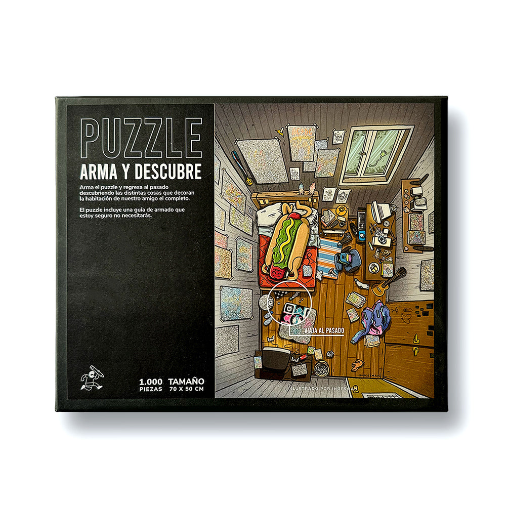 Caja del Puzzle Completo Retro, 1000 piezas, vista aérea de una habitación ochentera con un hot dog en la cama