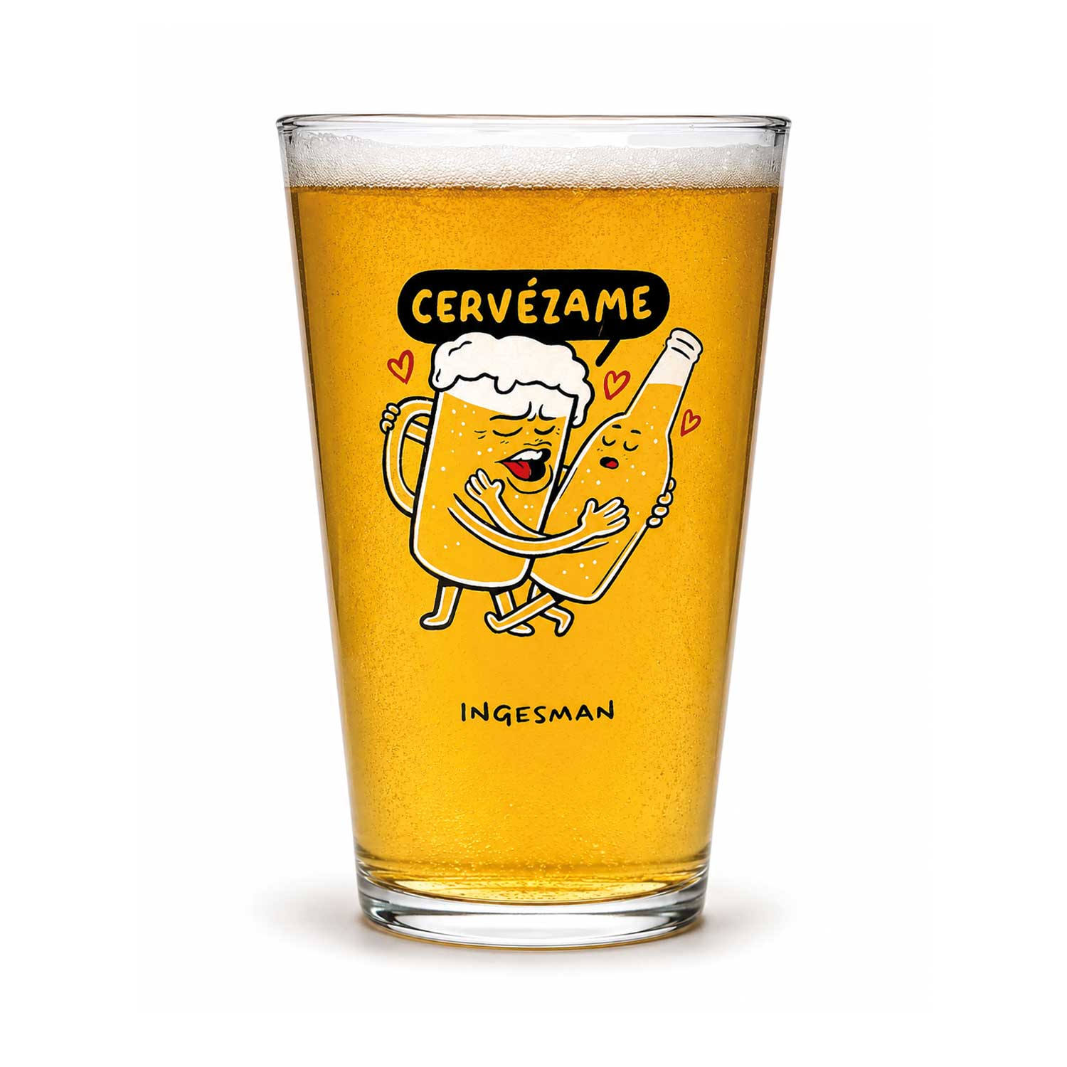 Vaso cervecero Cervézame de Ingesman servido con cerveza, ilustración de un jarro y una botella abrazándose