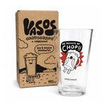 Vaso cervecero Me Dejaste en Chop de Ingesman junto a su caja de cartón kraft Vasos Cerveceros x Ingesman