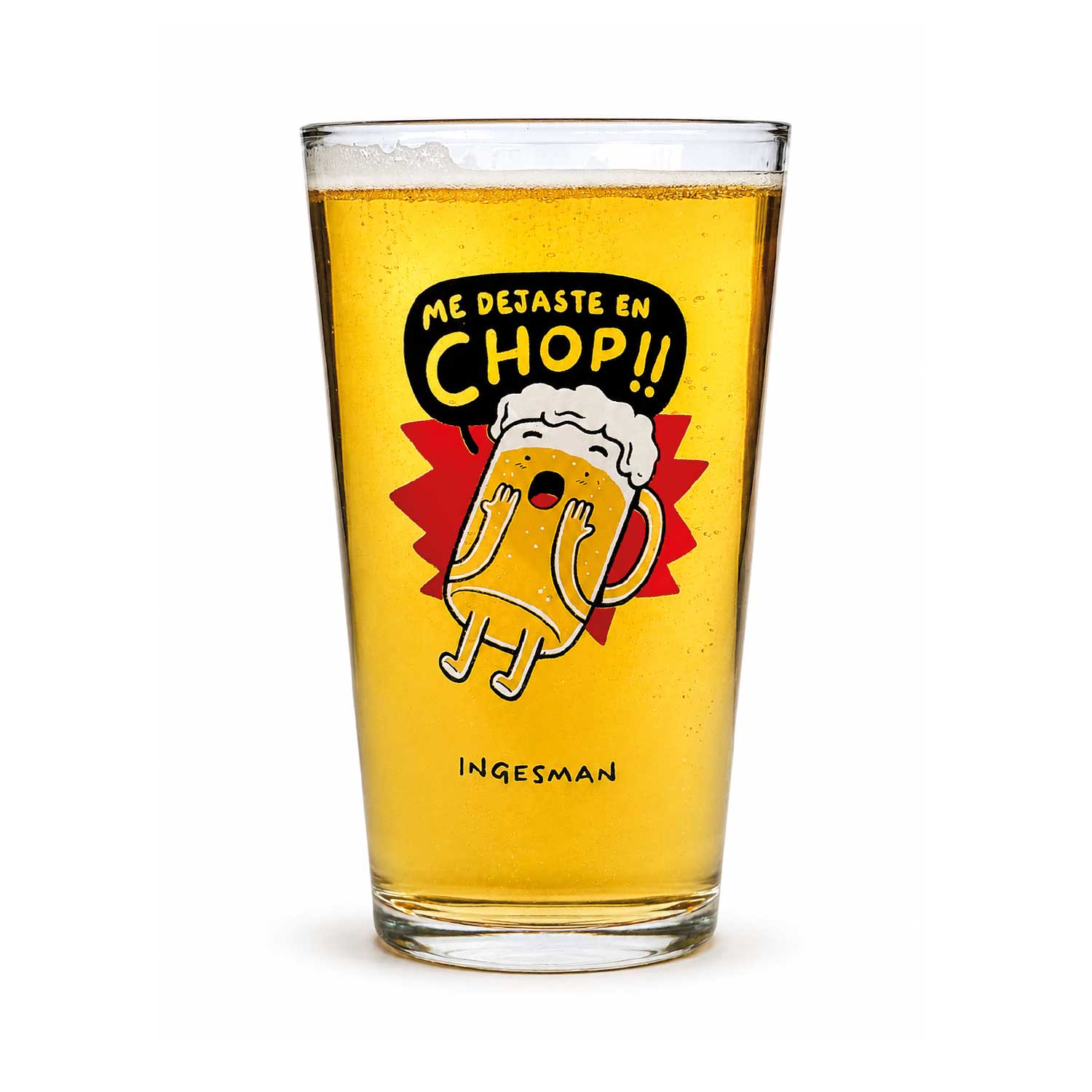 Vaso cervecero Me Dejaste en Chop de Ingesman servido con cerveza, ilustración de un jarro en shock