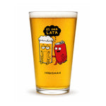 Vaso cervecero Es Una Lata de Ingesman servido con cerveza, ilustración de un vaso apoyado en una lata