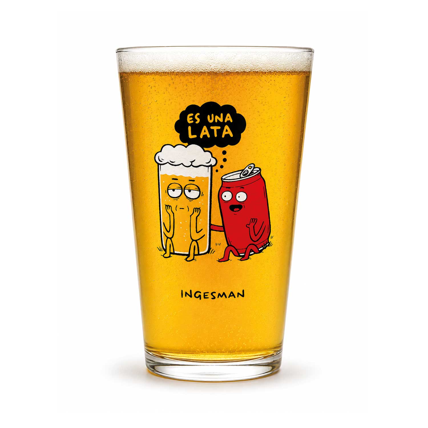 Vaso cervecero Es Una Lata de Ingesman servido con cerveza, ilustración de un vaso apoyado en una lata