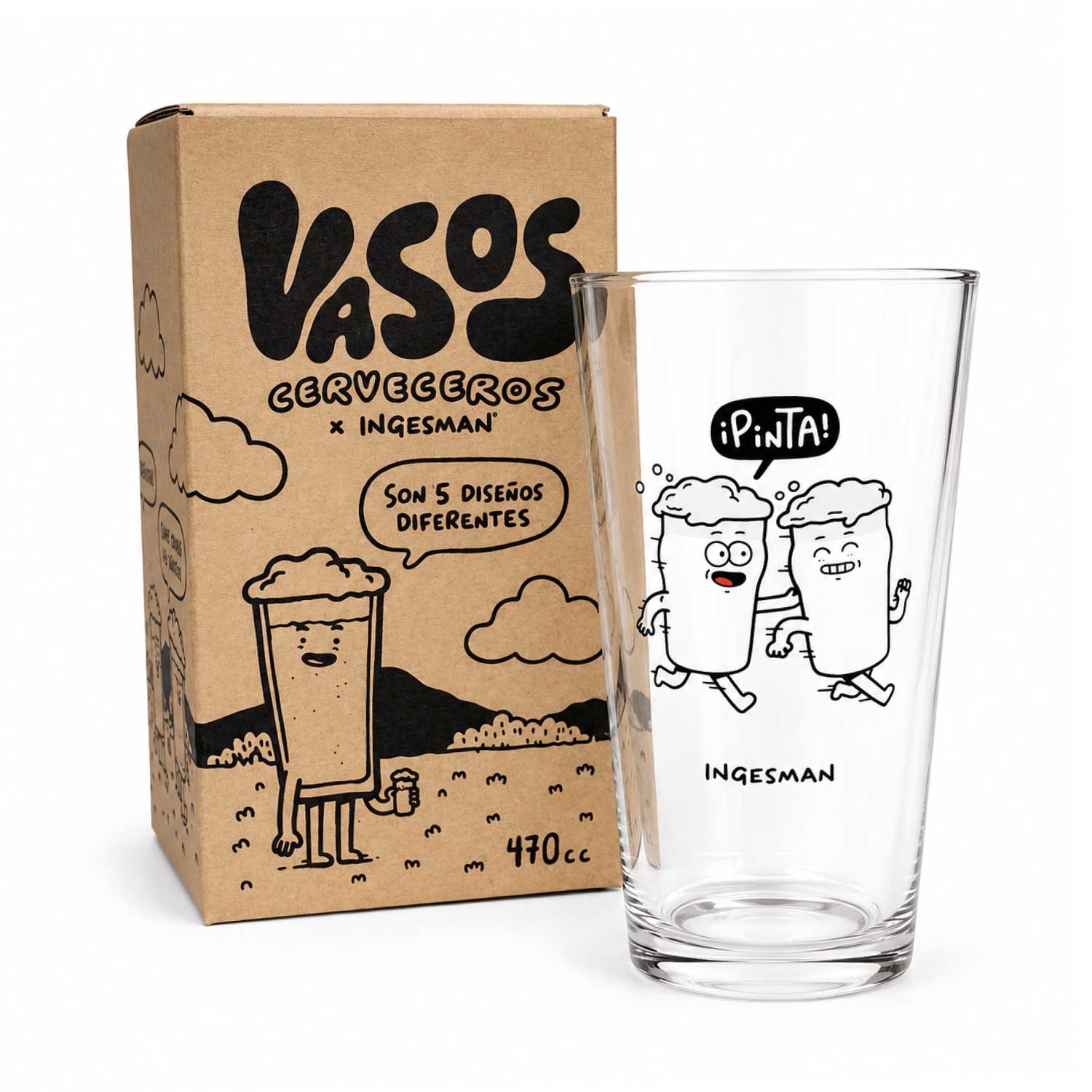 Vaso cervecero Pinta de Ingesman junto a su caja de cartón kraft Vasos Cerveceros x Ingesman