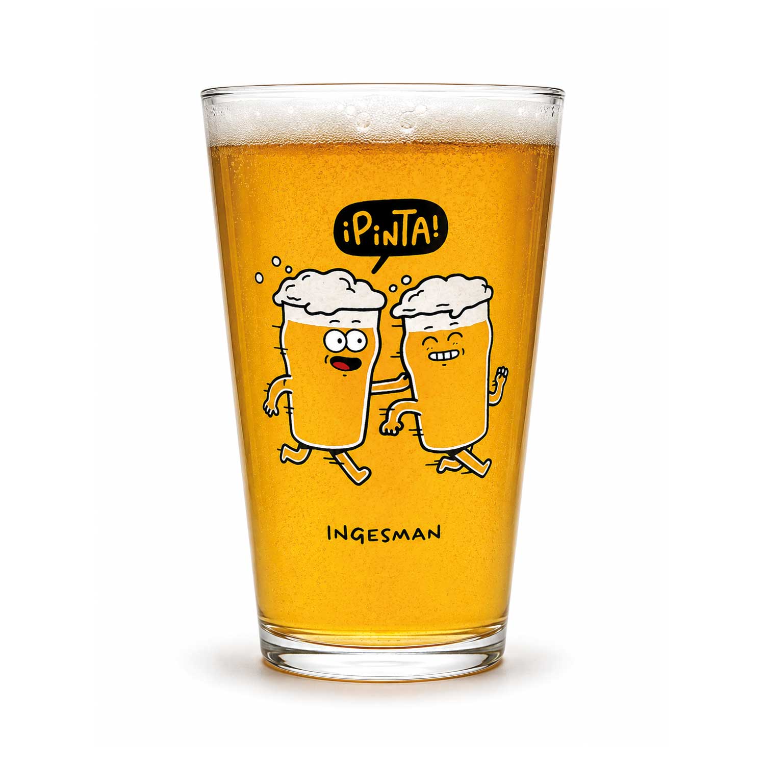 Vaso cervecero Pinta de Ingesman servido con cerveza, ilustración de dos jarros de cerveza caminando