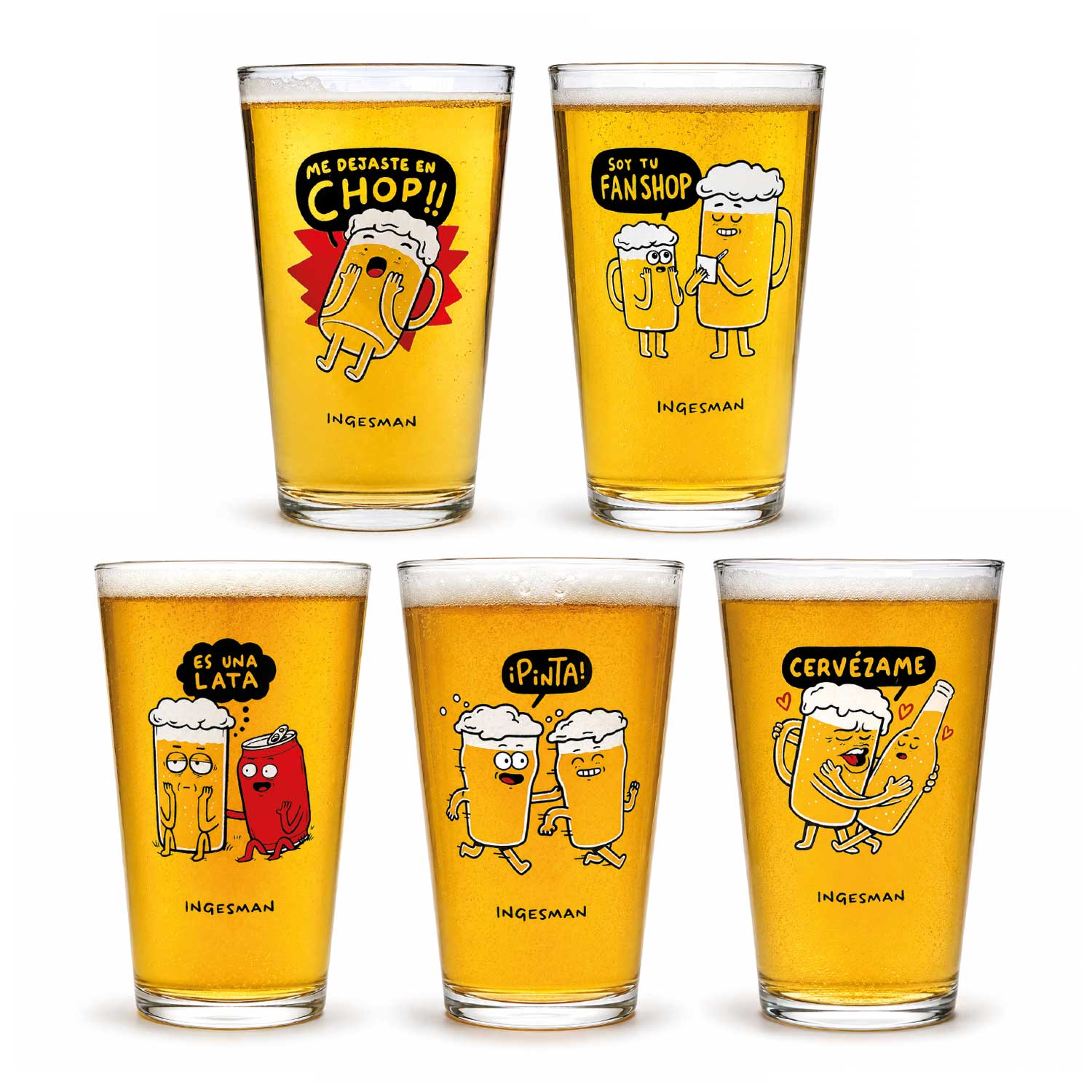 Los 5 vasos cerveceros de Ingesman servidos con cerveza: Me Dejaste en Chop, Soy tu Fanchop, Es una Lata, ¡Pinta! y Cervézame