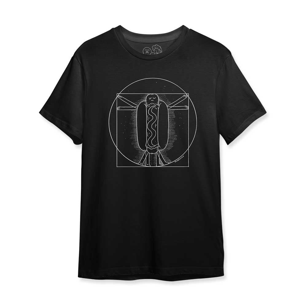 Vista frontal de la polera negra El Hombre de Vitruvio, estampado inspirado en la obra de Leonardo da Vinci